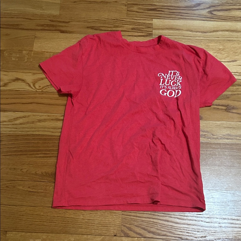 Short Sleeve Red Graphic Crew Tee with Inspirational Chest Print